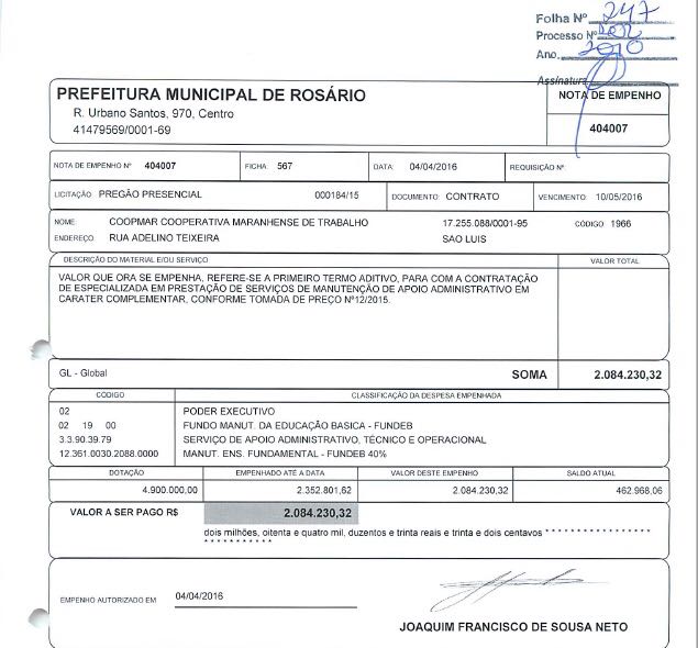 Aditivo de R$ 2,5 milhões, firmado pela Prefeitura de Rosário, por meio da Secretaria Municipal de Educação (Semed).